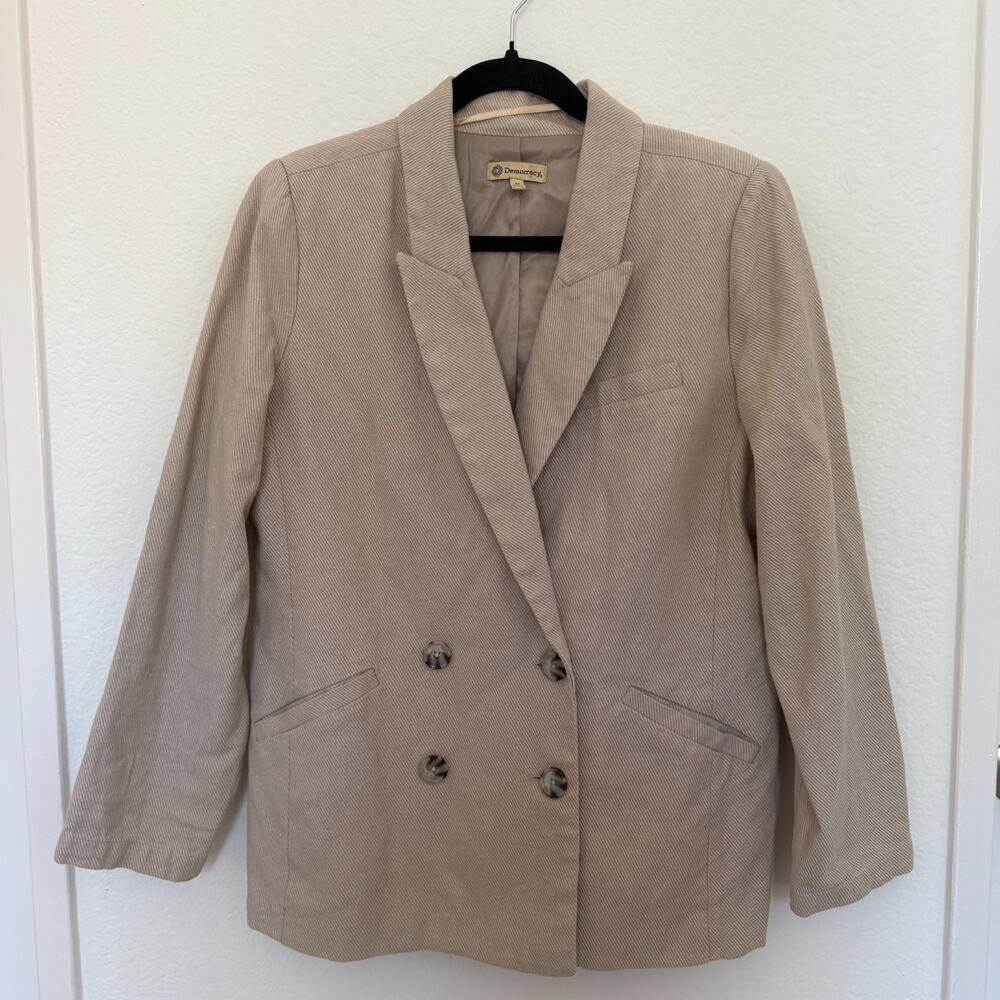 Democracy Tan Cotton Blazer Women’s Medium Double Breasted Neutral Minimalist
